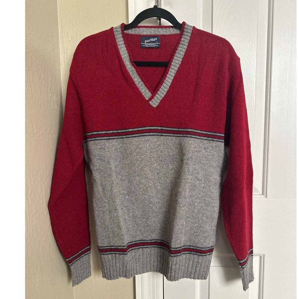 Vintage Puritan Aquamatic V-Neck Sweater Red & Grey Size L Made in‎ USA